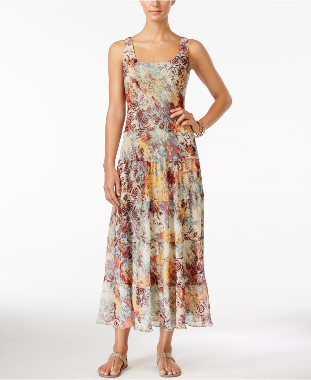nine west sleeveless floral printed maxi dres